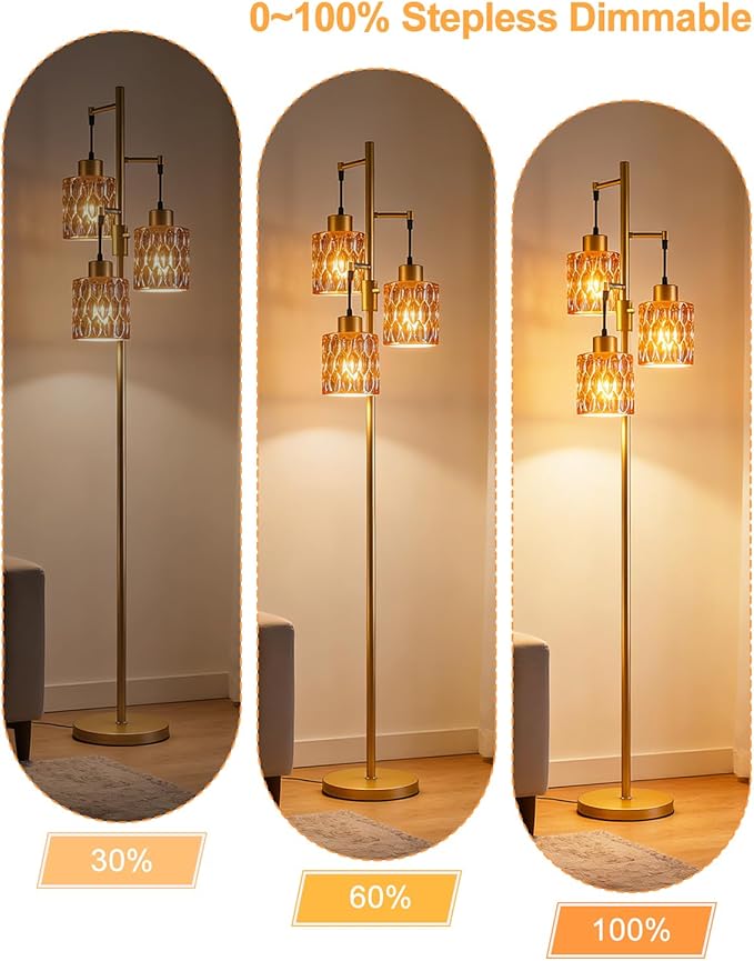 Lightdot 67" 3-Light Glass Floor Lamps for Living Room, Dimmable Floor Lamp with Brown Glass Shade& E12 Bulbs Included, Mid Century Standing Tall Lamp for Bedroom/Sofa Beside/Corner Decor-Gold