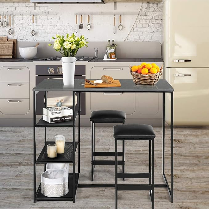 COSTWAY 3-Piece Dining Set, Compact 2 Chairs and Table Set, Kitchen Set with Rectangular Faux Marble, 3 Metal Storage Shelves, Fashionable Simple Style, Kitchen Counter Height Table Set (Black)