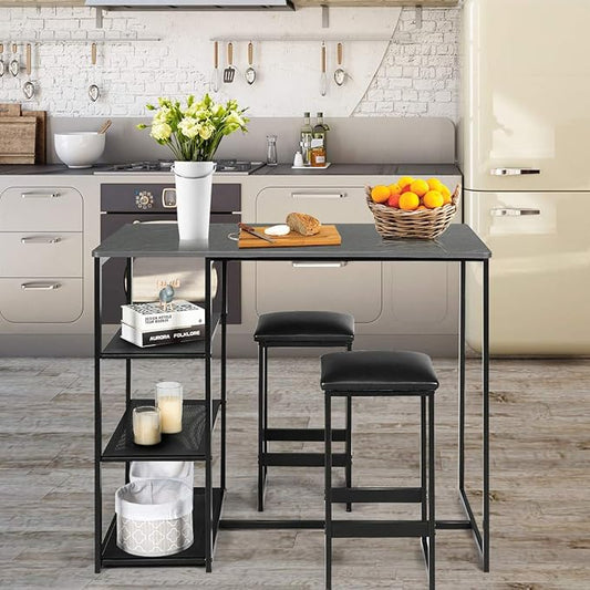 COSTWAY 3-Piece Dining Set, Compact 2 Chairs and Table Set, Kitchen Set with Rectangular Faux Marble, 3 Metal Storage Shelves, Fashionable Simple Style, Kitchen Counter Height Table Set (Black)