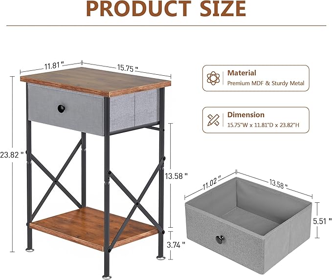 VECELO End Tables, Modern Nightstand with Fabric Drawer & Open Shelf, Night Stand for Bedroom Living Room, Industrial Metal Frame, Easy Assembly, Rustic Brown,1 Pack