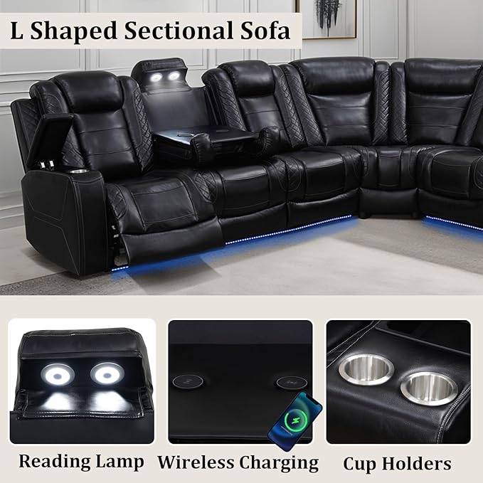 Power Reclining Sectional Sofa Set with LED Lights, Vegan Leather Recliner Sectional Couch for Living Room Furniture,Wireless Charging/USB Charging/Reading Lamp/Armrest Storage,Black Pro