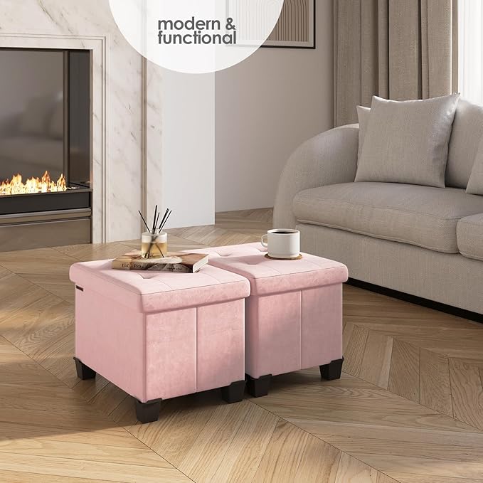 Storage Ottoman Cube with Small Bin, 16-in Square Ottoman with Storage for Living Room and Bedroom, Small Ottomans Foot Rest, Velvet Foot Stools Ottomans Max 330lbs, Pink