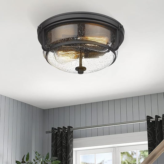 Emliviar 12 Inch Ceiling Light with Seeded Glass Shade - Indoor Outdoor Modern Flush Mount Ceiling Light Fixture, Black Finish, WE249F BK