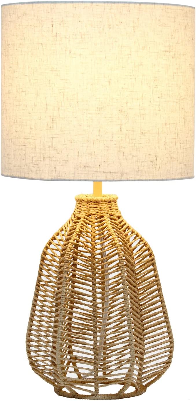 Elegant Designs LT2106-NAT 21" Tall Boho Coastal Inspired Rustic Paper Rope Rattan Wicker Look Standard Table Desk Nightstand Lamp with Light Beige Fabric Linen Shade, Natural