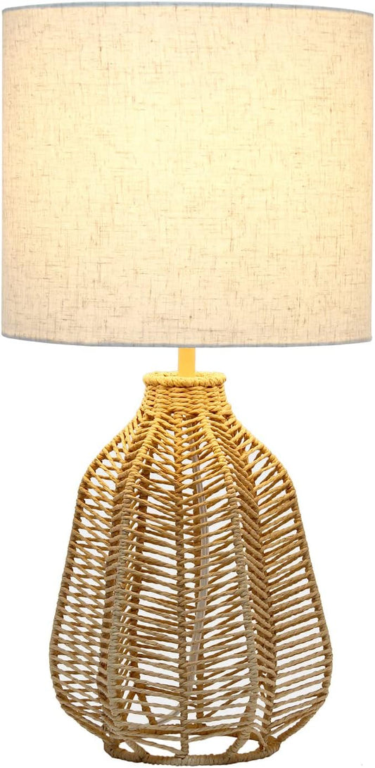 Elegant Designs LT2106-NAT 21" Tall Boho Coastal Inspired Rustic Paper Rope Rattan Wicker Look Standard Table Desk Nightstand Lamp with Light Beige Fabric Linen Shade, Natural