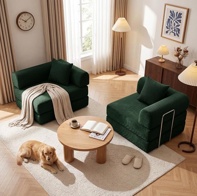 Convertible Compressed Corduroy Folding Cloud Sofa Bed, 59'' Modern Boneless Pull Out Loveseat Sleeper in a Box, 5 in 1 Floor Mattress Futon Cloud Couch, No Assembly Needed, Green, 2 Pillows, Queen