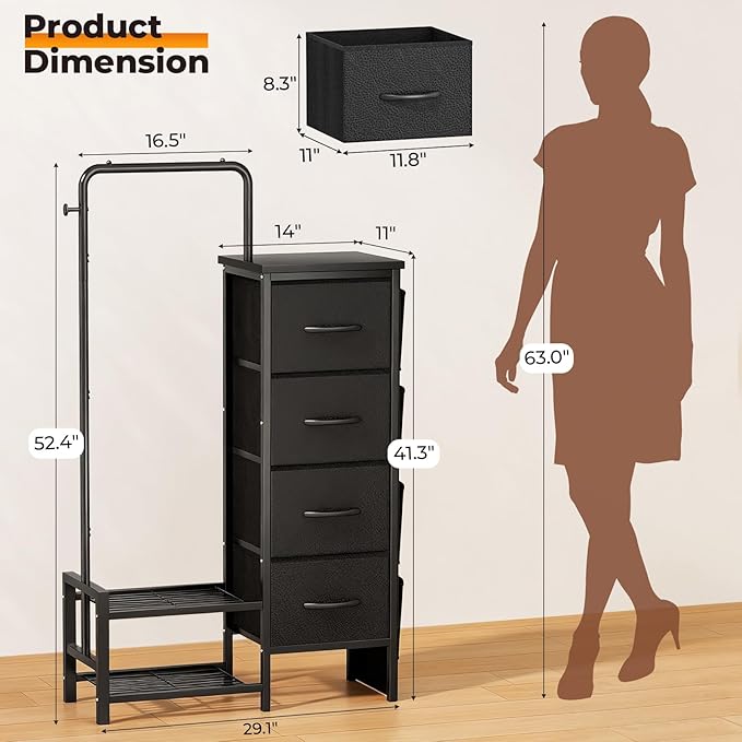 Dresser with Hanging Rack - 4 Drawers & 4 Side Bags, Fabric Chest of Drawers with with Bottom Shelves, 52" Tall Clothes Rack for Women/Kids Bedroom & Living Room - Black