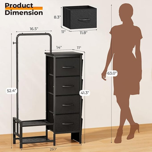 Dresser with Hanging Rack - 4 Drawers & 4 Side Bags, Fabric Chest of Drawers with with Bottom Shelves, 52" Tall Clothes Rack for Women/Kids Bedroom & Living Room - Black
