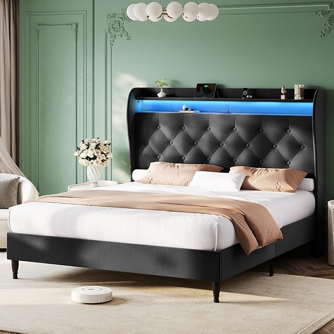 King Size Bed Frame with Tall Headboard, Velvet Upholstered Platform Bed with LED Lights & Charging Station, 52.7"-55" Adjustable/Modern Tufted Wingback Storage Headboard, No Box Spring Needed, Black