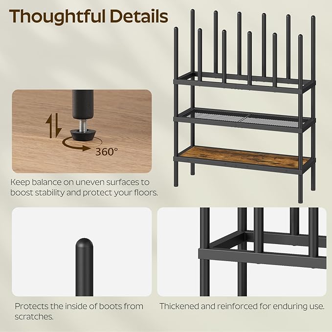 Free Standing Shoe Rack, 4 Tier Boots Rack Organizer, Tall Boots Rack for Closet, Cowboy Boot Storage, Holds 14 Pairs, Black and Rustic Brown SS29BR