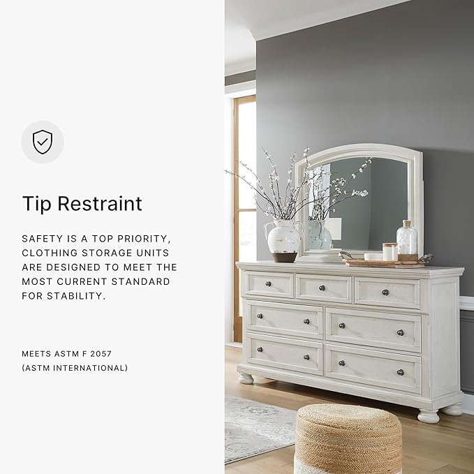 Signature Design by Ashley Robbinsdale Casual Smooth-Gliding 7-Drawer Dresser and Mirror with Safety Stop, Felt-Lined Top Drawers and Pull-Out Tray, White
