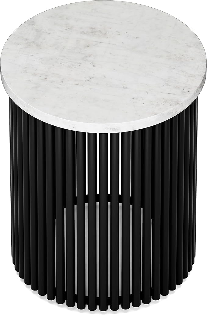 SIMPLIHOME Demy Metal Accent Table - 18 inch Wide Solid Metal Round Side Table with White Genuine Marble Top and Black Metal Base, Industrial End Table for Living Room with Compact Design, Assembled