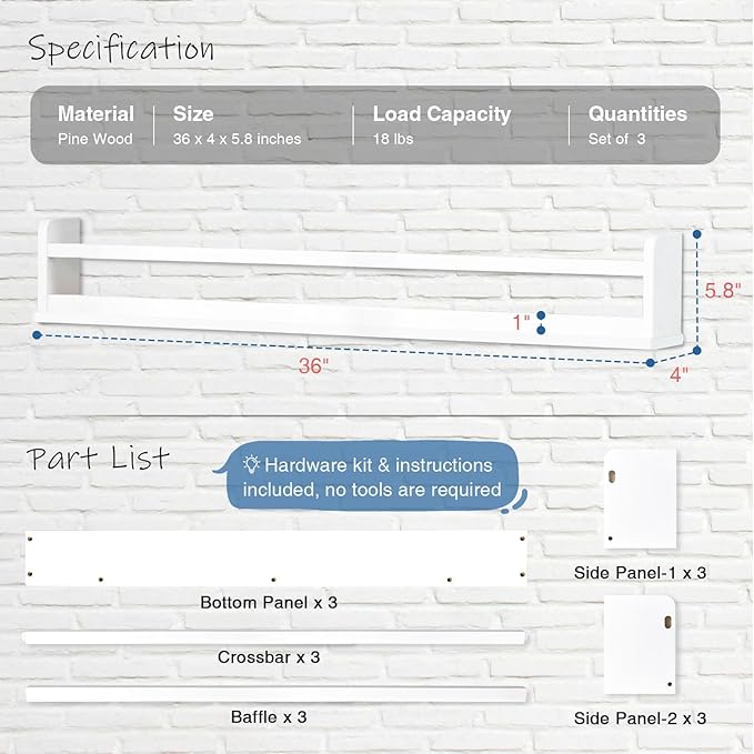 White Toddler Wall Bookshelf for Kids Room, 36 Inch Long Floating Nursery Book Shelves for Wall, Wide Hanging Bookshelves for Baby Girl Boy Childrens Kid Bedoom Playroom -Set of 3