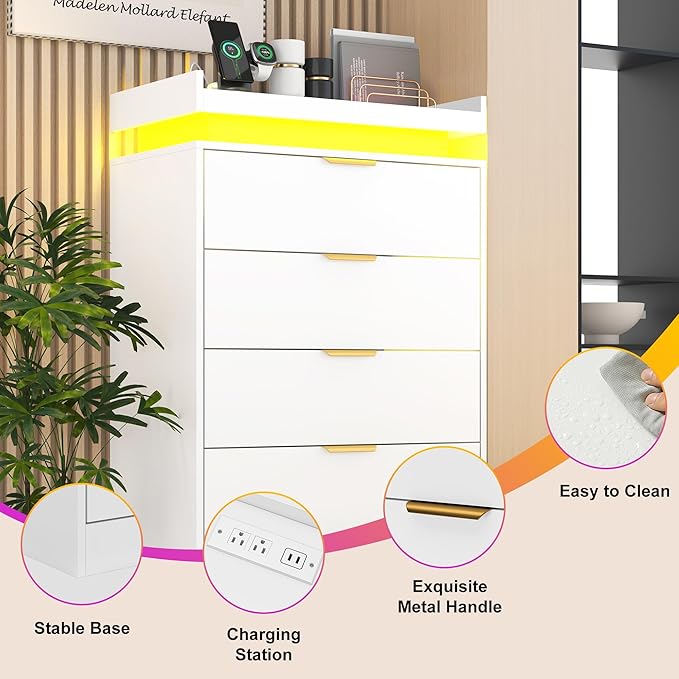 Tall Dresser for Bedroom, White Dresser with LED Lights, Wood 5 Drawer Chest with Power Outlet, Modern Chest of Drawers for Bedroom, Living Room, Entryway, Hallway