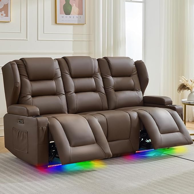 Oprisen 3-Seater Power Recliner Sofa Couch Flip Middle Backrest Reclining Sofa Chair for Living Room with Charging Station/Cup Holders/LED Ambient Light