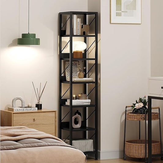 IDEALHOUSE Narrow Bookshelf Tall Skinny Bookcase 6 Tier Storage Rack Rustic Corner Shelf Metal Frame Small Freestanding Bookshelves Industrial Display Stand for Bedroom, Living Room, Home Office