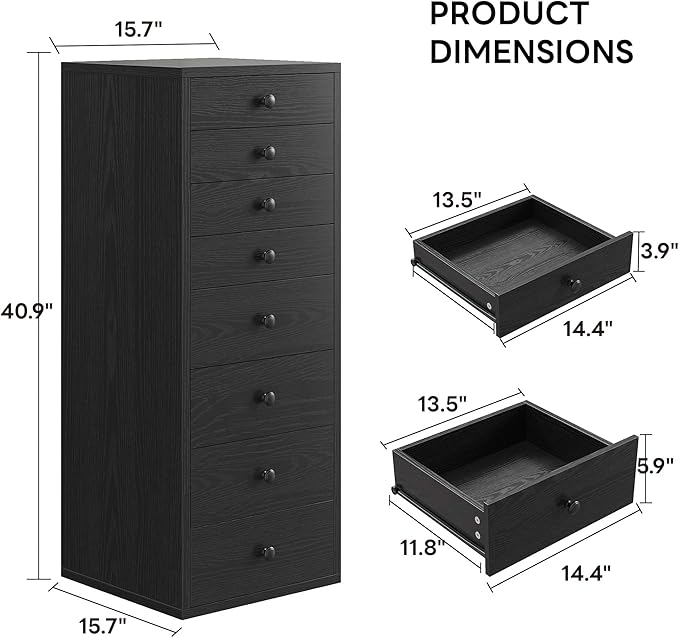LIKIMIO Tall Dresser, Small Dressers with 8 Storage Drawers, Chest of Drawers for Organizing, Tall Narrow Dresser for Bedroom, Black