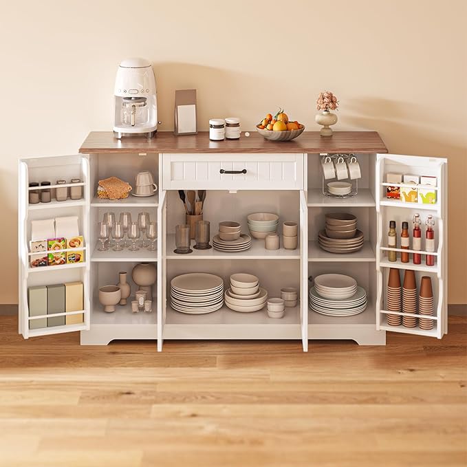 Gizoon 56" Kitchen Coffee Bar Cabinet with Storage Kitchen Sideboard Buffet Cabinet with Drawers, Short Pantry with Door and Shelves for Bathroom and Living Room, White and Rustic