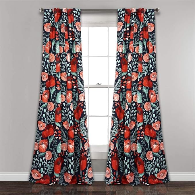 Lush Decor x 52” Navy Poppy Garden Curtains Light Filtering Window Set for Living, Dining, Bedroom, 108 in L Panel Pair