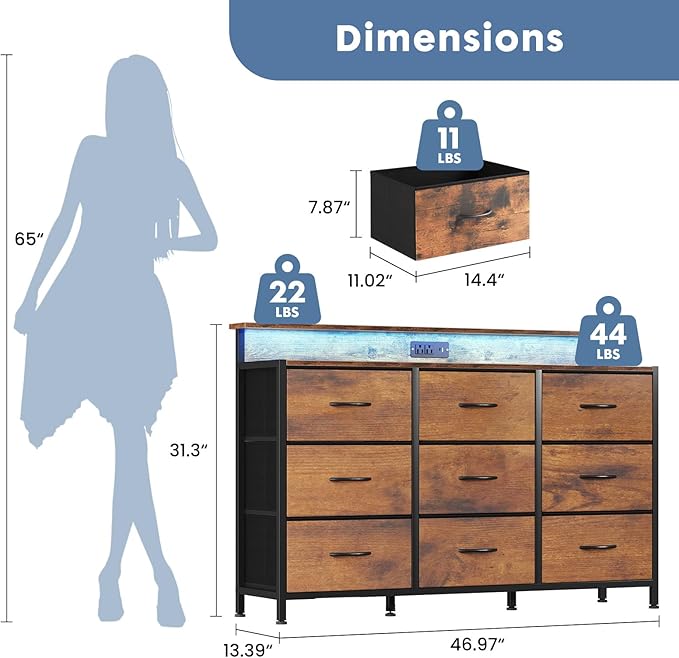 DUMOS TV Stand Dresser with 9 Fabric Drawers and Open Shelves, Entertainment Center with LED Lights, Charging Station for Bedroom, Wood Top Media Console for 45-55 inch TV Stand with Storage, Brown