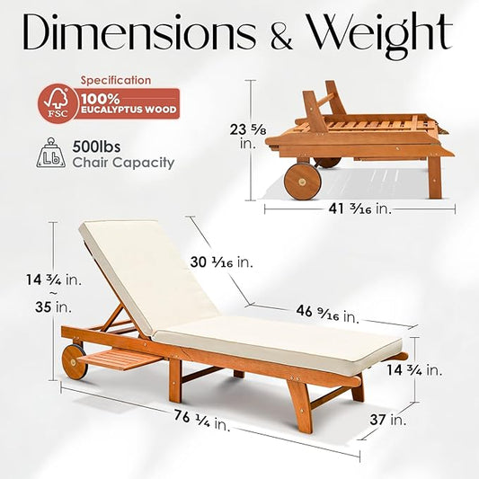 IDZO Upgraded Cushion Outdoor, 500lbs Capacity Patio Pool Loungers, Stackable and Foldable Design, Reclining Backrest, Federica Wood Chaise Lounge, Brown