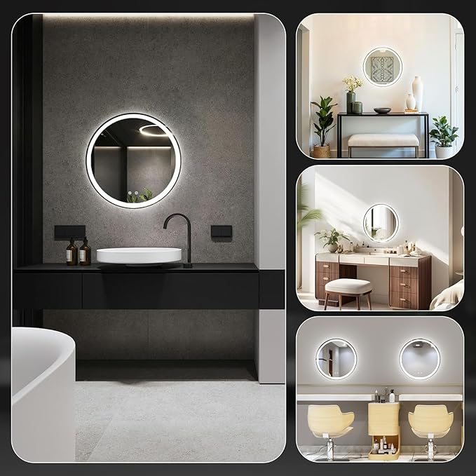 Simple Deluxe Round LED Bathroom Mirror with Lights, Smart Anti-Fog LED Bathroom Mirror with Circular Dual Lights and 3-Color Temperature Memory dimming (28inch)