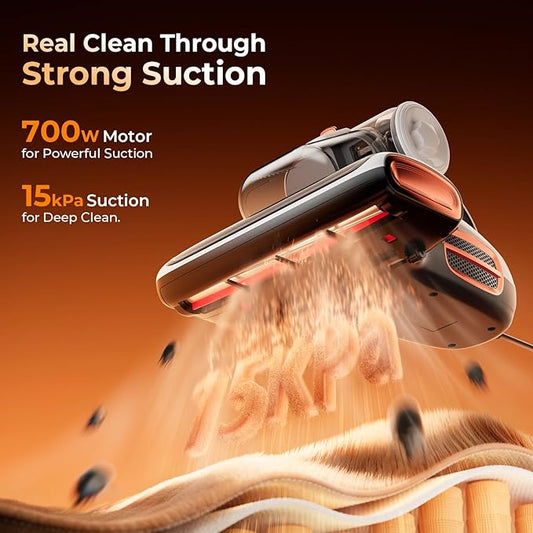 JIGOO T600 Mattress Vacuum Cleaner with UV-C Light, 15Kpa Suction 700W Powerful Double-Cup Handheld Vacuums, Bed Cleaner with Smart Dust Sensor, Ultrasonic, Heating Tech, MIF Filter