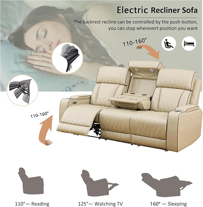 A Ainehome Power Leather Recliner Sofa Set, Recliner Sofa Sectional Couches for Living Room, Reclining Sofa, loveseat, Chair with Storage Console/Cup Holders(Khaki,Sofa)