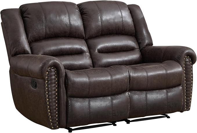 EBELLO Faux Leather Manual Loveseat Recliner, 2 Seat Reclining Sofa Chair with Soft Padded Seat Backrest, Vintage Rivet Mid-Century Design for Living Room, Bedroom, Dark Brown