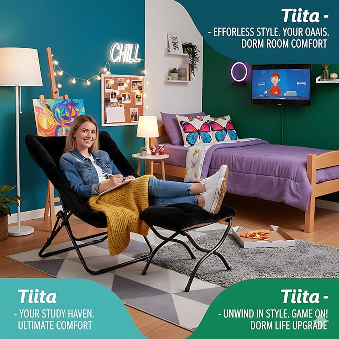 Tiita Folded Chair with Ottoman, Soft Faux Fur Oversized Folding Accent Chair,Lazy Chair, Metal Frame Moon Chair for Bedroom, Living Room, Dorm Rooms, Garden and Courtyard
