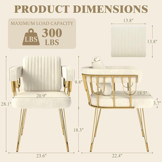 Vanity Chair with Back, Velvet Upholstered Accent Makeup Chairs No Wheels with Golden Legs for Modern Glam Living Room Bedroom Home Office Nail Spa, Girls & Women, Beige