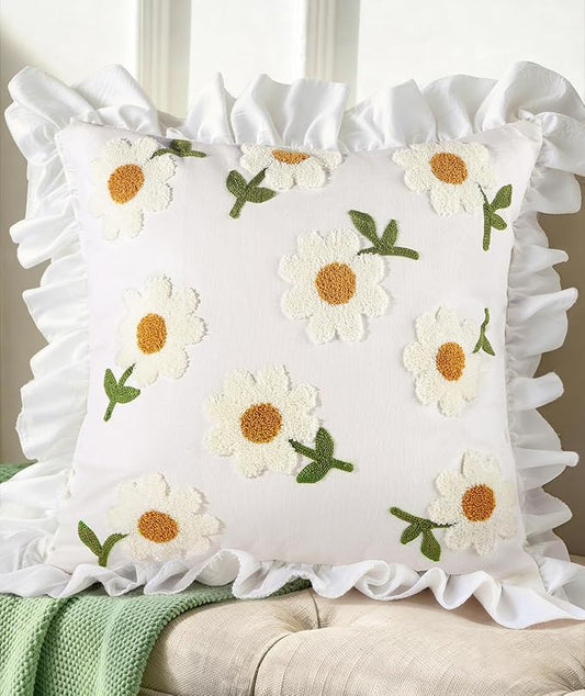 Embroidered Throw Pillow Cover - 18x18 Decorative Pillow Cover with Zipper Aesthetic Cute Design Boho Spring Summer Throw Pillowcase for Living Room Couch Sofa Bed, Ruffle Daisy