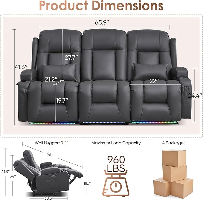 TUNYI Wall Hugger Loveseat Recliner Sofa with Console, Power Reclining Loveseat RV Couch with Massage & Heat/USB/Outlet/Storage/LED Light/Speaker (Light Grey, 3 Seat)