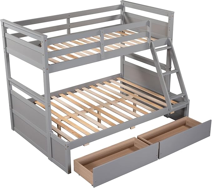 Twin Over Full Bunk Beds with 2 Under Bed Storage Drawers, Stronger & More Stable Bunkbed, Gray
