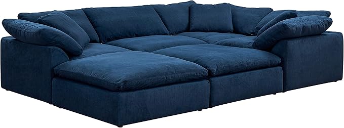 Sunset Trading Contemporary Puff Collection 6 PC 132" Slipcovered Modular U-Shaped Pit Sectional Sofa| Down Filled Chaise Lounge Couch Stain-Proof Water-Resistant Washable Performance Fabric Navy Blue