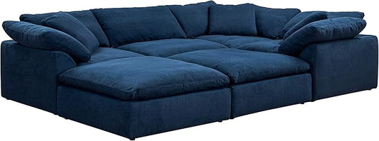 Sunset Trading Contemporary Puff Collection 6 PC 132" Slipcovered Modular U-Shaped Pit Sectional Sofa| Down Filled Chaise Lounge Couch Stain-Proof Water-Resistant Washable Performance Fabric Navy Blue