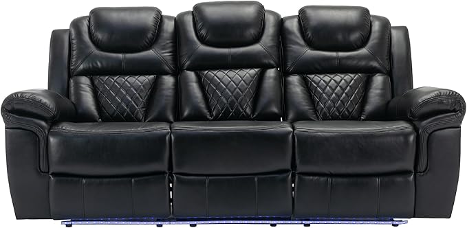 ERYE 83-Inch Oversized Manual Reclining Sofa with LED Strip and Cupholders for Living Room Home Theater, Multifunctional Faux Leather 3 Seaters Manual Recliner Couches | Charging Station, Cup Holder, LED Light Strips