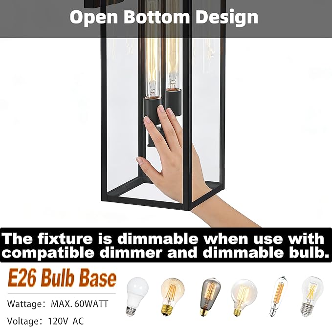 25in Extra Large Outdoor Wall Light 2-Light Black Wall Lantern for Porch,25” Exterior Sconce Metal and Glass Large Size Porch Light Black Outdoor Lanterns for Garage Balcony Patio Outside Lighting