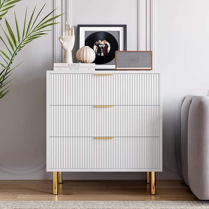 IDEALHOUSE White Dresser, Modern 3 Drawer Dresser for Bedroom with Gold Handle and Large Drawer, Wood Double Chest of Drawers and Storage Organizer for Living Room, Hallway, Entryway