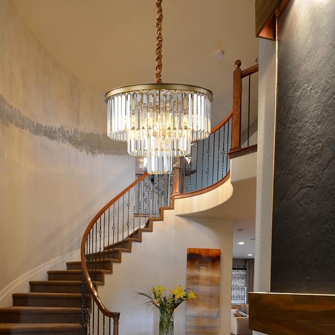 Golden Crystal Chandelier Lighting K9 Crystal Round Chandelier Suspended Ceiling Light Fixture 3 Tier Suitable for Modern Dining Room Living Room Bedroom Stairs