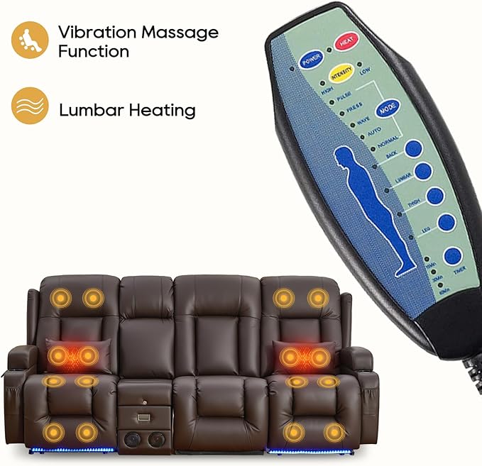 IPKIG Power Recliner Sofa with Flip-Up Backrest Console, USB & USB-C Ports, AC Outlet, LED Lights, Wall Hugger Recliners for Living Room, RV (Brown, 89" - 4 Seat) | Faux Leather, Zero Gravity, Dual Reclining, 2 Lumabr Pillow, Bluetooth Speakers