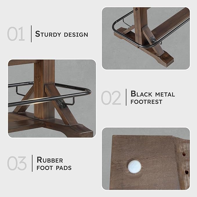 Lexicon 78 Inch Rectangular Bar Height Dining Table for 6, Rustic Farmhouse Kitchen Table, Rubberwood, Acacia Veneer, Black Metal Footrest, for Dining Room/Kitchen, Brown
