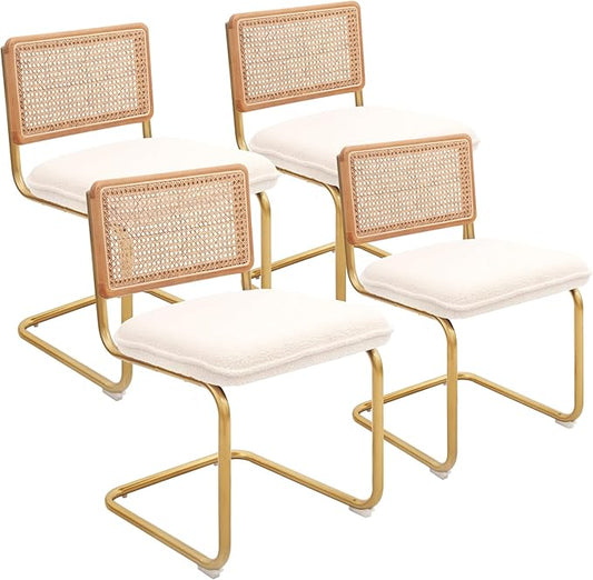 CangLong Modern Dining Chairs Set of 4 with Natural Mesh Rattan Backrest, Upholstered Fleece Seat Armless Accent Chairs with Metal Legs for Kitchen & Living Room, Cream