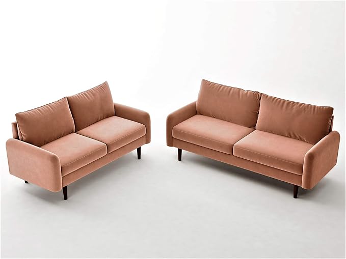 Container Furniture Direct Americus Velvet Upholstered Sofa and Loveseat Set, Couches for Living Room with Luxurious Mid Century Modern Design and Wooden Base, 2 Piece, Rose
