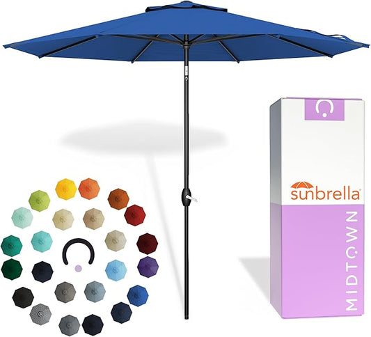 Midtown Umbrellas - The Lean 10 Ft Patio Umbrella with Fade-Resistant Sunbrella Fabric, Auto-Tilt Aluminum Frame and 8 Reinforced Ribs for Deck, Pool & Garden - Dark Blue Canopy, Black Pole