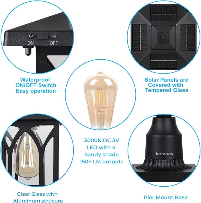 Kemeco ST4328Q Solar Post Light Outdoor Cast Aluminum LED Lamp Fixture with 3-Inch Fitter Base for Yard Garden Post Pole Pillar Mount Landscape Driveway