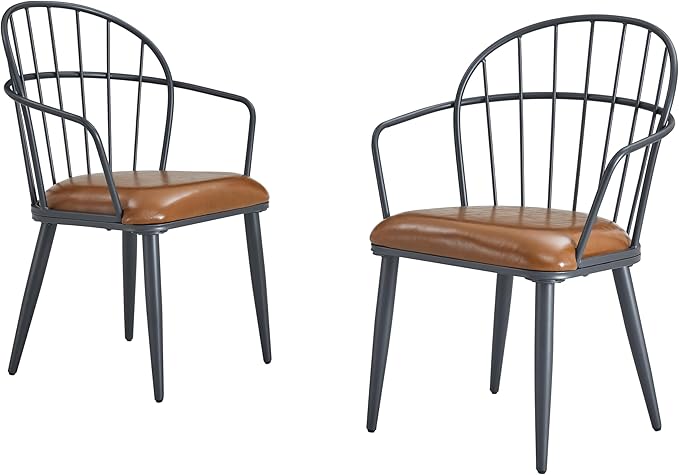 Christopher Knight Home Drats Dining Chairs Set of 2, Accent Dining Chair, Faux Leather Upholstered Kitchen Chair, Bucket Backrest Metal Frame Armchair, Industrial Dining Chair for Dining Room, Brown