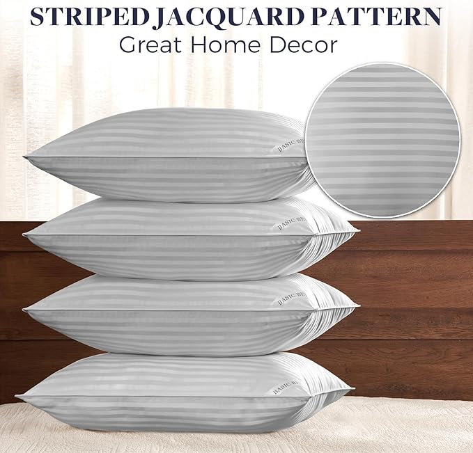 Basic Beyond Bed Pillows Standard Size Set of 4 - Down Alternative Pillows for Sleeping, Soft 20 x 26 Inches 4 Pack Standard Pillows for Back, Stomach or Side Sleepers, Silver