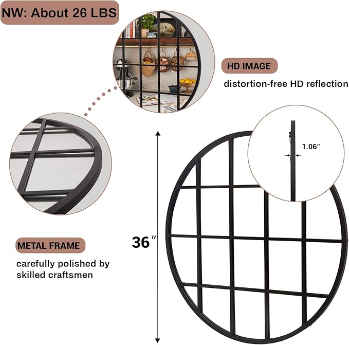 36 Inch Round Grid Wall Mirror, Metal Framed Window Pane Circle Mirror, Accent Decorative Mirrors, Circle Window Mirrors for Entry, Living Room, Bedroom, Matte Black