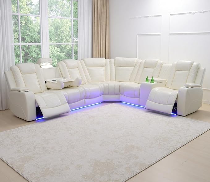 Power Recliner Sofa Sectional Couches with LED Light,Leather Reclining Corner Sectional Sofa with 2 Recliner Seats,Cup Holders,Storage Console for Living Room，Creamy